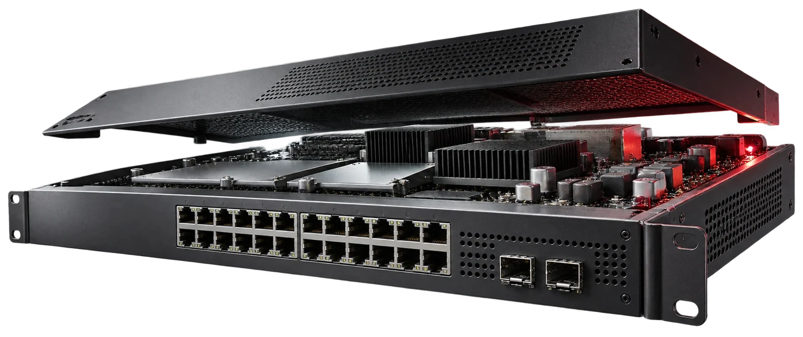 Conceptual exploded-view network switch with a lifted metal lid and visible electronics. Not a verified eHoome product.